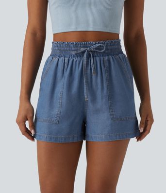 High Waisted Drawstring Frill Trim Draped Denim Casual Baggy Shorts with Pockets