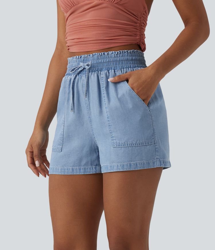 Shorts holgados vaqueros de tiro alto con cordón, adorno de volante, drapeado y bolsillos