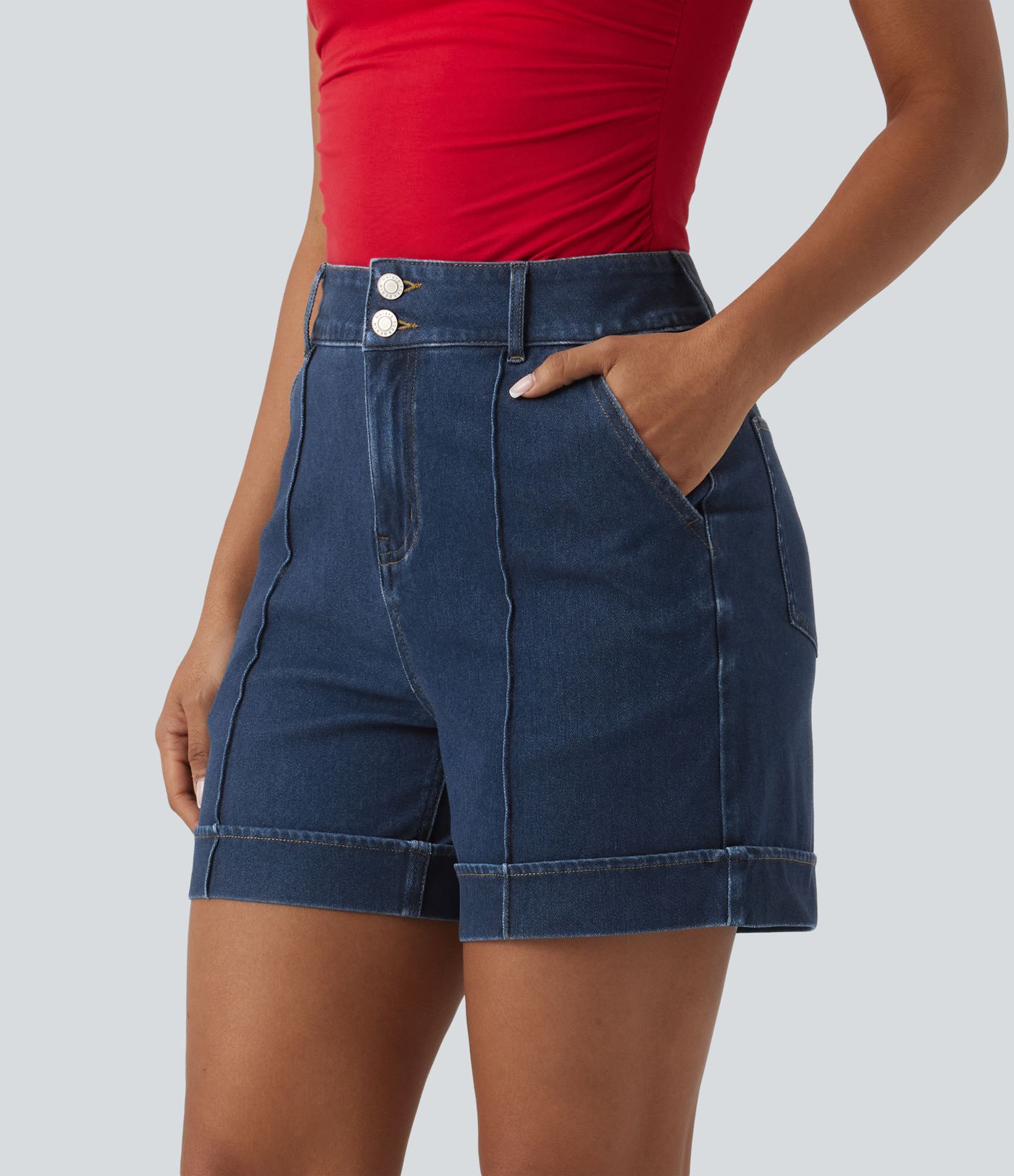 Halara Flex™ - Lässige, drapierte Lyocell-Denim-Shorts mit hohem Bund und mehreren Taschen - 12,7 cm
