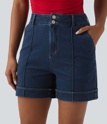Halara Flex™ - Lässige, drapierte Lyocell-Denim-Shorts mit hohem Bund und mehreren Taschen - 12,7 cm