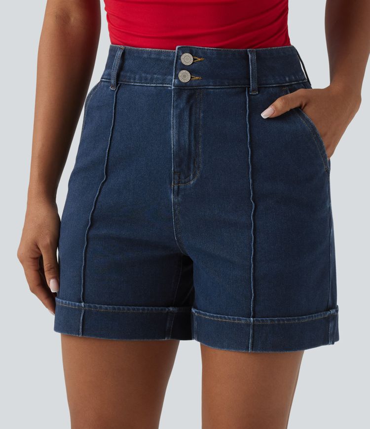 Halara Flex™ - Lässige, drapierte Lyocell-Denim-Shorts mit hohem Bund und mehreren Taschen - 12,7 cm