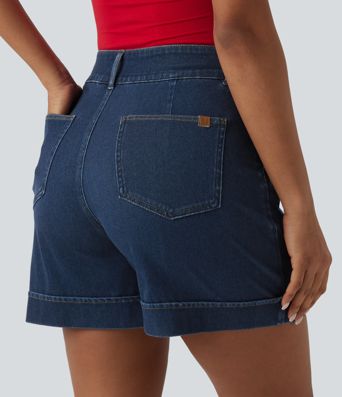 Halara Flex™ - Lässige, drapierte Lyocell-Denim-Shorts mit hohem Bund und mehreren Taschen - 12,7 cm