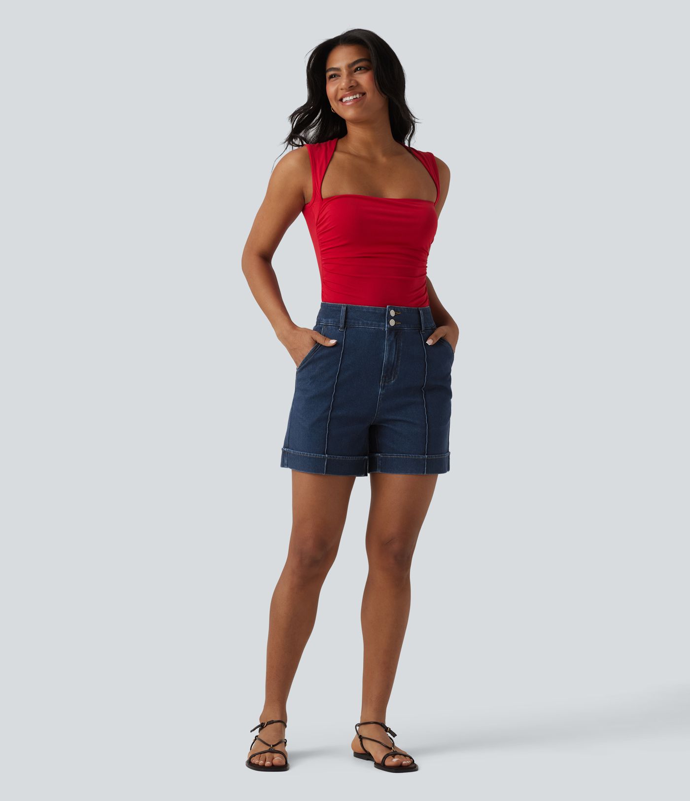 Halara Flex™ - Lässige, drapierte Lyocell-Denim-Shorts mit hohem Bund und mehreren Taschen - 12,7 cm