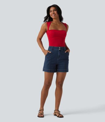 Halara Flex™ - Lässige, drapierte Lyocell-Denim-Shorts mit hohem Bund und mehreren Taschen - 12,7 cm