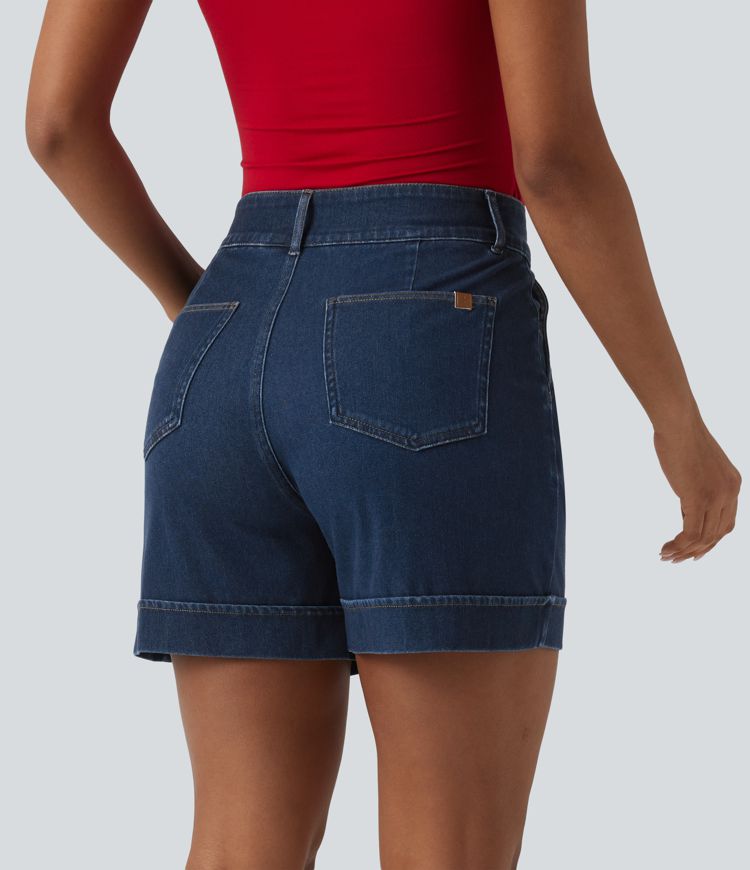 Halara Flex™ - Lässige, drapierte Lyocell-Denim-Shorts mit hohem Bund und mehreren Taschen - 12,7 cm