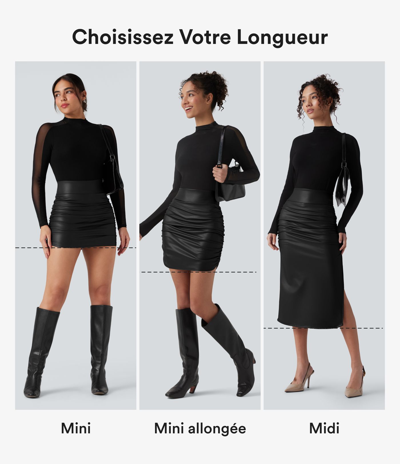 Jupe mini moulante 2-en-1 en molleton et tissu enduit taille haute gainante avec fronces et ourlet arrondi - Longueur plus longue