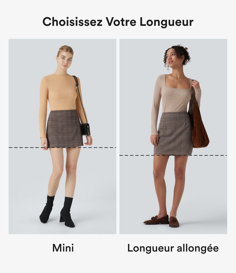 Jupe mini tailleur taille haute 2-en-1 à carreaux pied-de-poule - Longueur rallongée