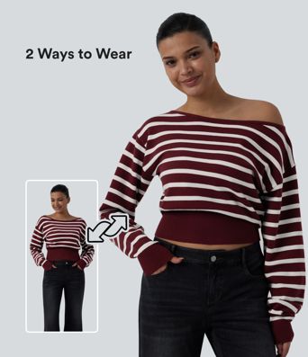 One-shoulder Long Sleeve Stripes Casual Sweater