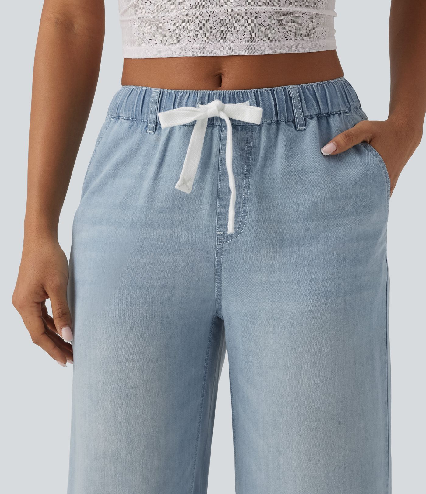 Mid Rise Drawstring Casual Jeans with Pockets