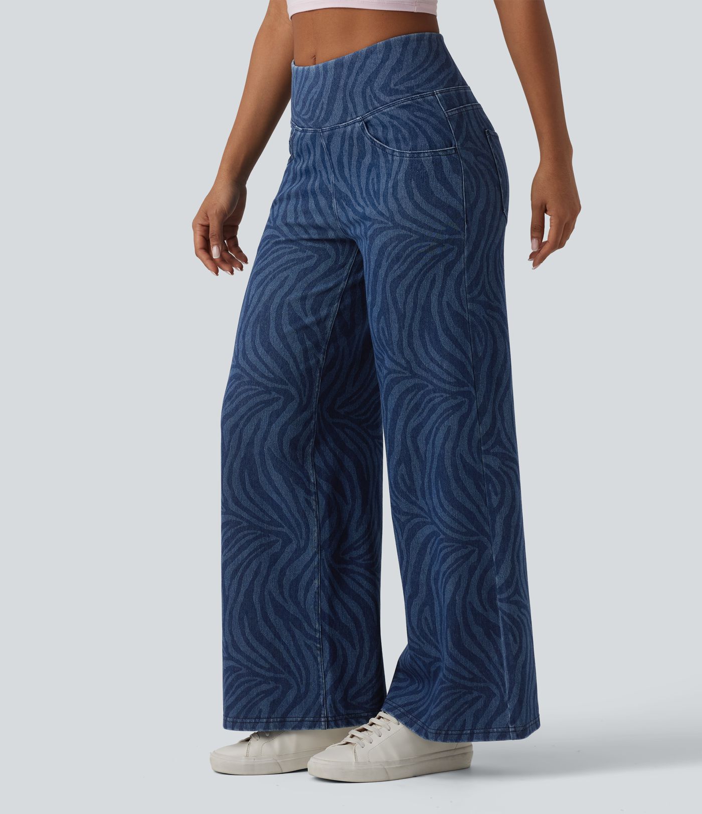 Jean Halara Flex™ jambe large décontracté taille mi-haute effet ventre plat, motif zèbre, avec poches