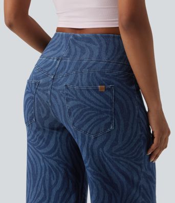 Jean Halara Flex™ jambe large décontracté taille mi-haute effet ventre plat, motif zèbre, avec poches