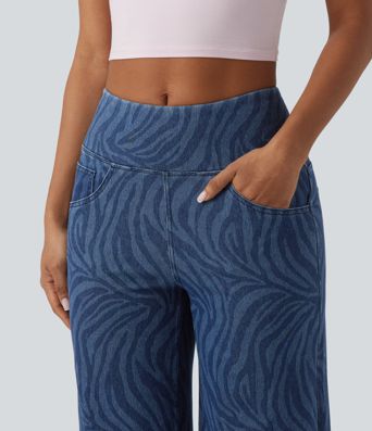 Jean Halara Flex™ jambe large décontracté taille mi-haute effet ventre plat, motif zèbre, avec poches