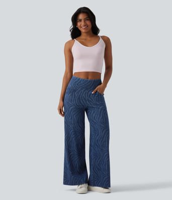 Jean Halara Flex™ jambe large décontracté taille mi-haute effet ventre plat, motif zèbre, avec poches