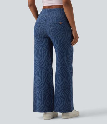 Jean Halara Flex™ jambe large décontracté taille mi-haute effet ventre plat, motif zèbre, avec poches