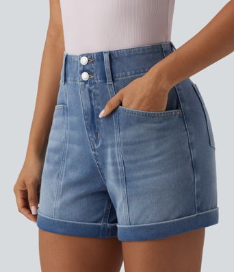 Halara Flex™ Short en jean casual taille haute ourlet roulé 10 cm avec poches