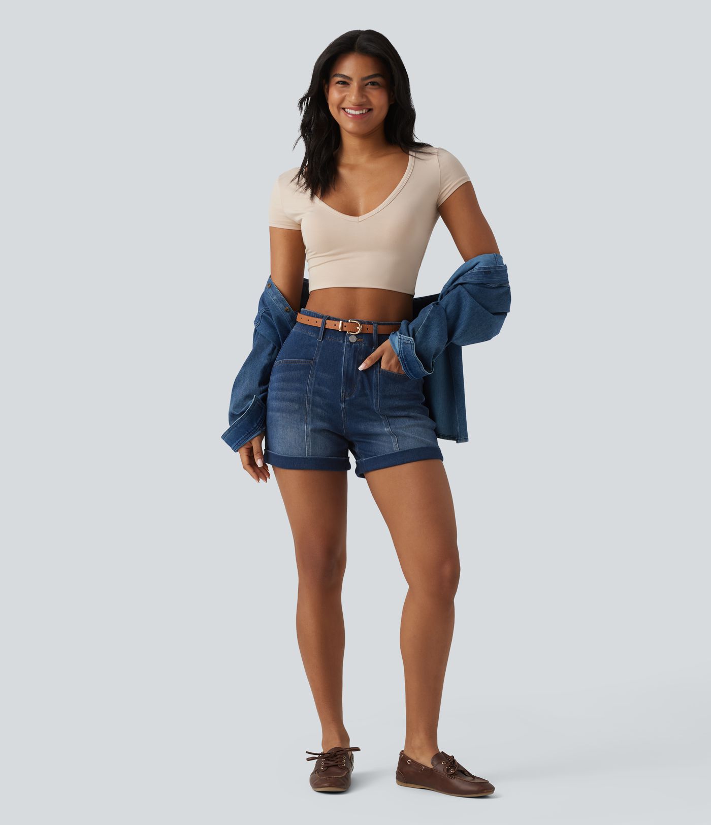 Halara Flex™ High Waisted Rolled Hem Denim Casual Shorts 4'' with Pockets