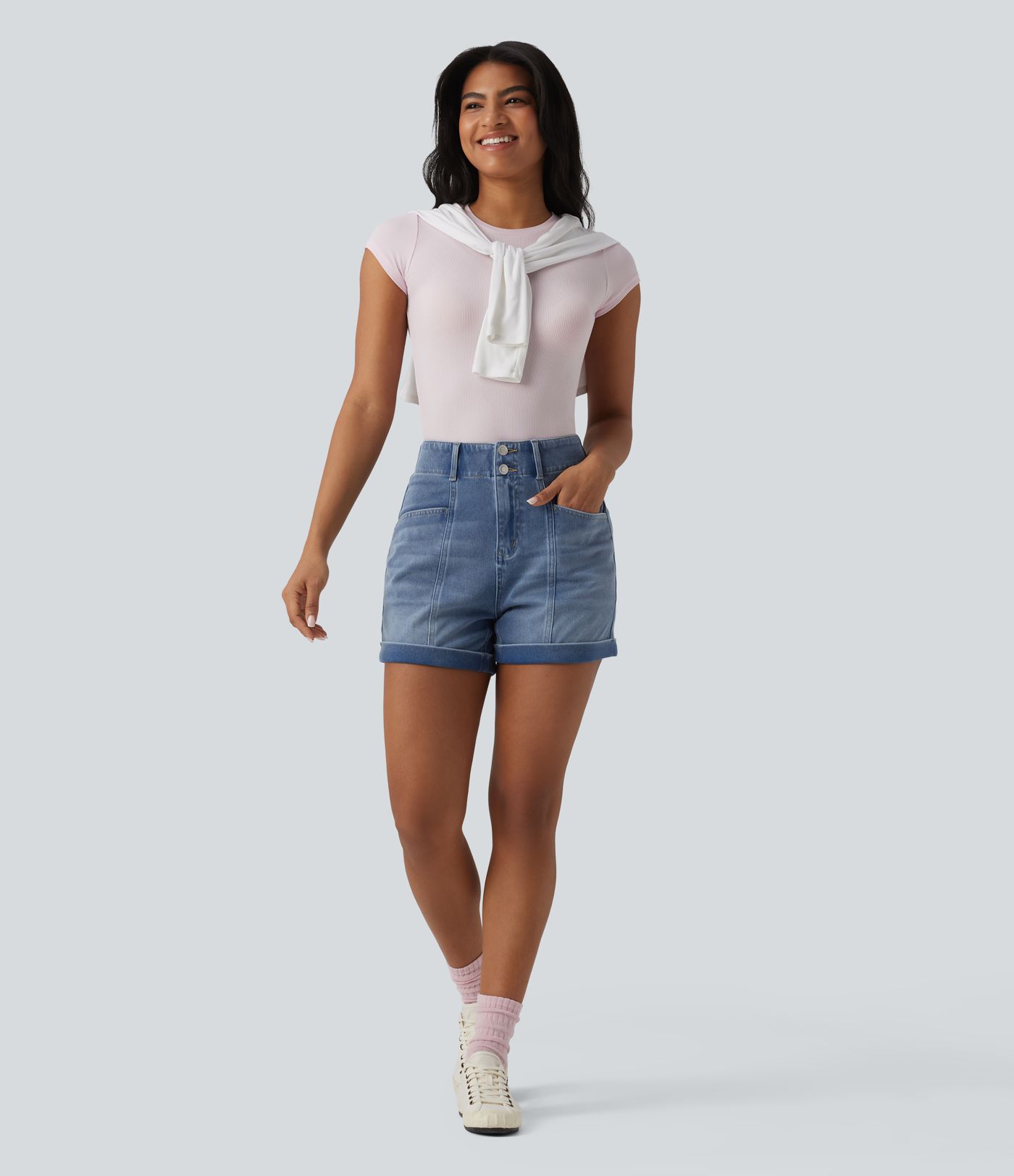 Halara Flex™ Short en jean casual taille haute ourlet roulé 10 cm avec poches