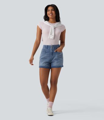 Halara Flex™ Short en jean casual taille haute ourlet roulé 10 cm avec poches