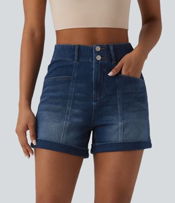 Halara Flex™ High Waisted Rolled Hem Denim Casual Shorts 4'' with Pockets