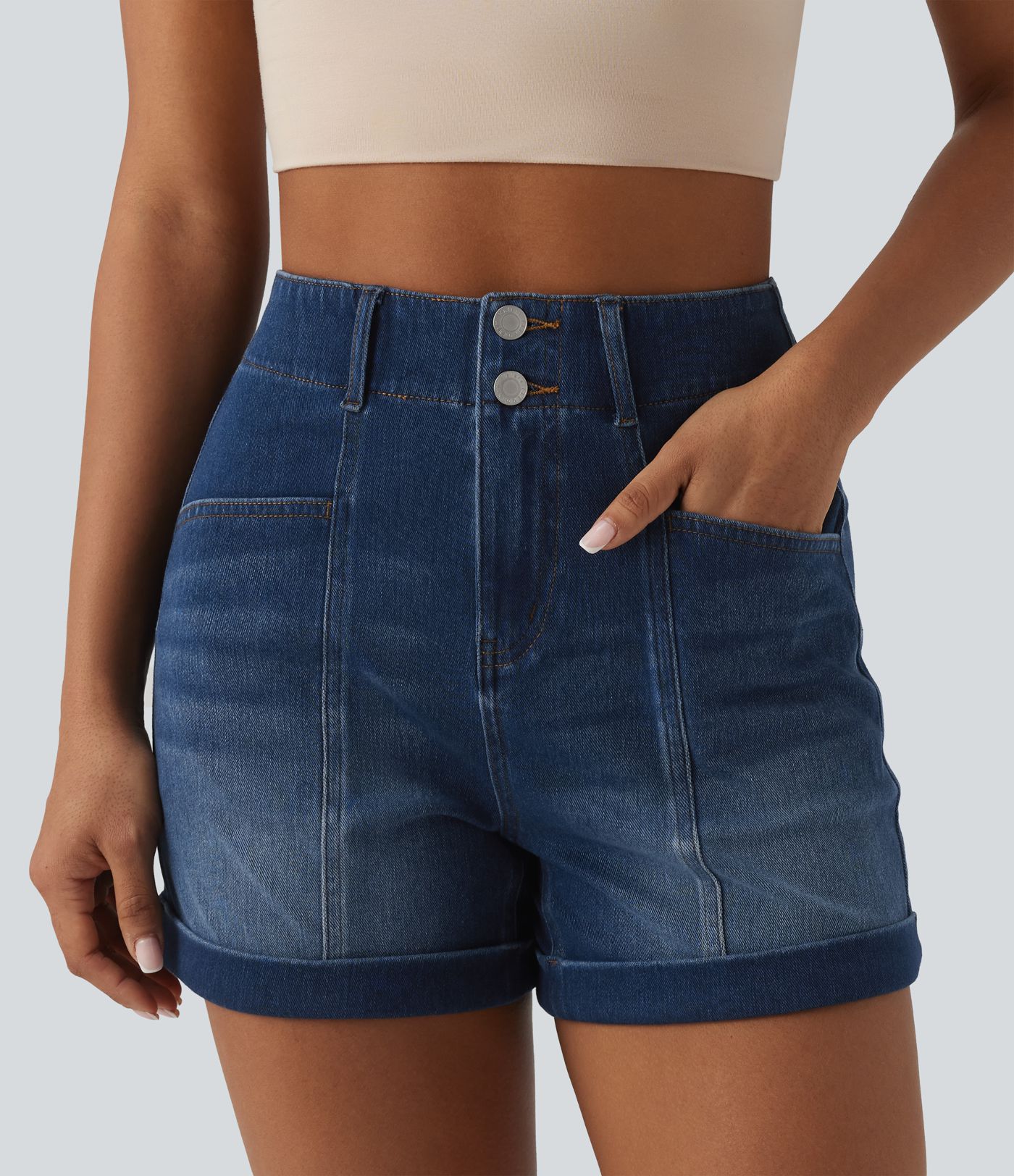 Halara Flex™ High Waisted Rolled Hem Denim Casual Shorts 4'' with Pockets