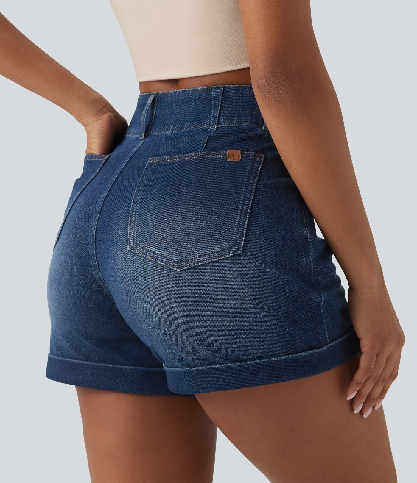 Halara Flex™ High Waisted Rolled Hem Denim Casual Shorts 4'' with Pockets