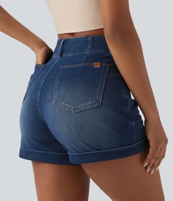 Halara Flex™ High Waisted Rolled Hem Denim Casual Shorts 4'' with Pockets