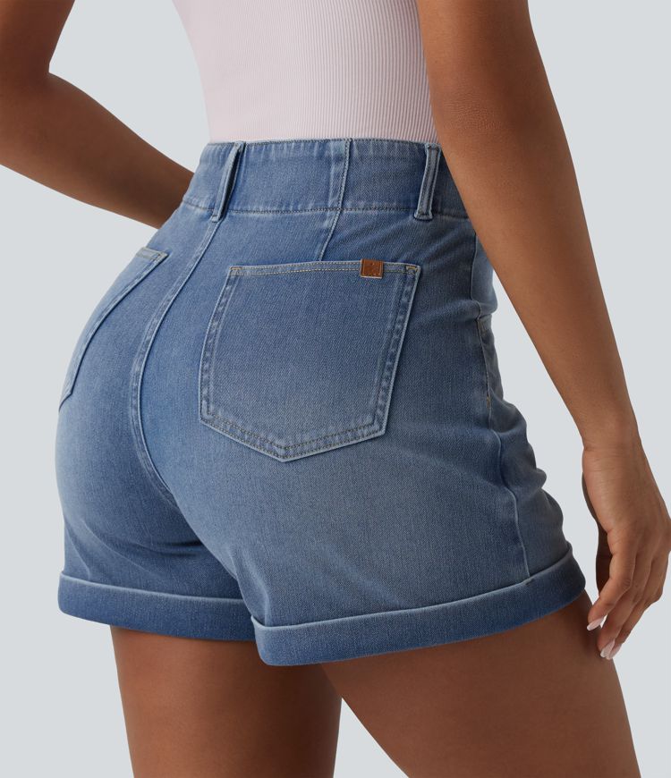 Halara Flex™ Short en jean casual taille haute ourlet roulé 10 cm avec poches