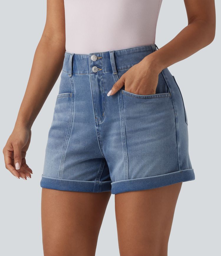 Halara Flex™ Short en jean casual taille haute ourlet roulé 10 cm avec poches
