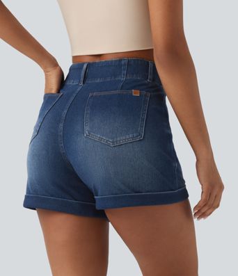 Halara Flex™ High Waisted Rolled Hem Denim Casual Shorts 4'' with Pockets