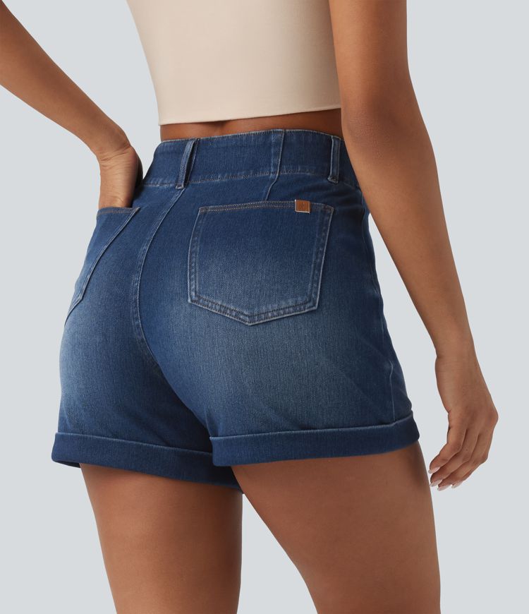 Halara Flex™ High Waisted Rolled Hem Denim Casual Shorts 4'' with Pockets