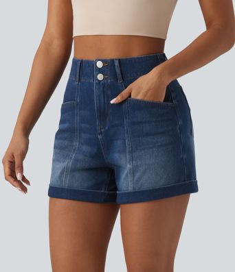 Halara Flex™ High Waisted Rolled Hem Denim Casual Shorts 4'' with Pockets