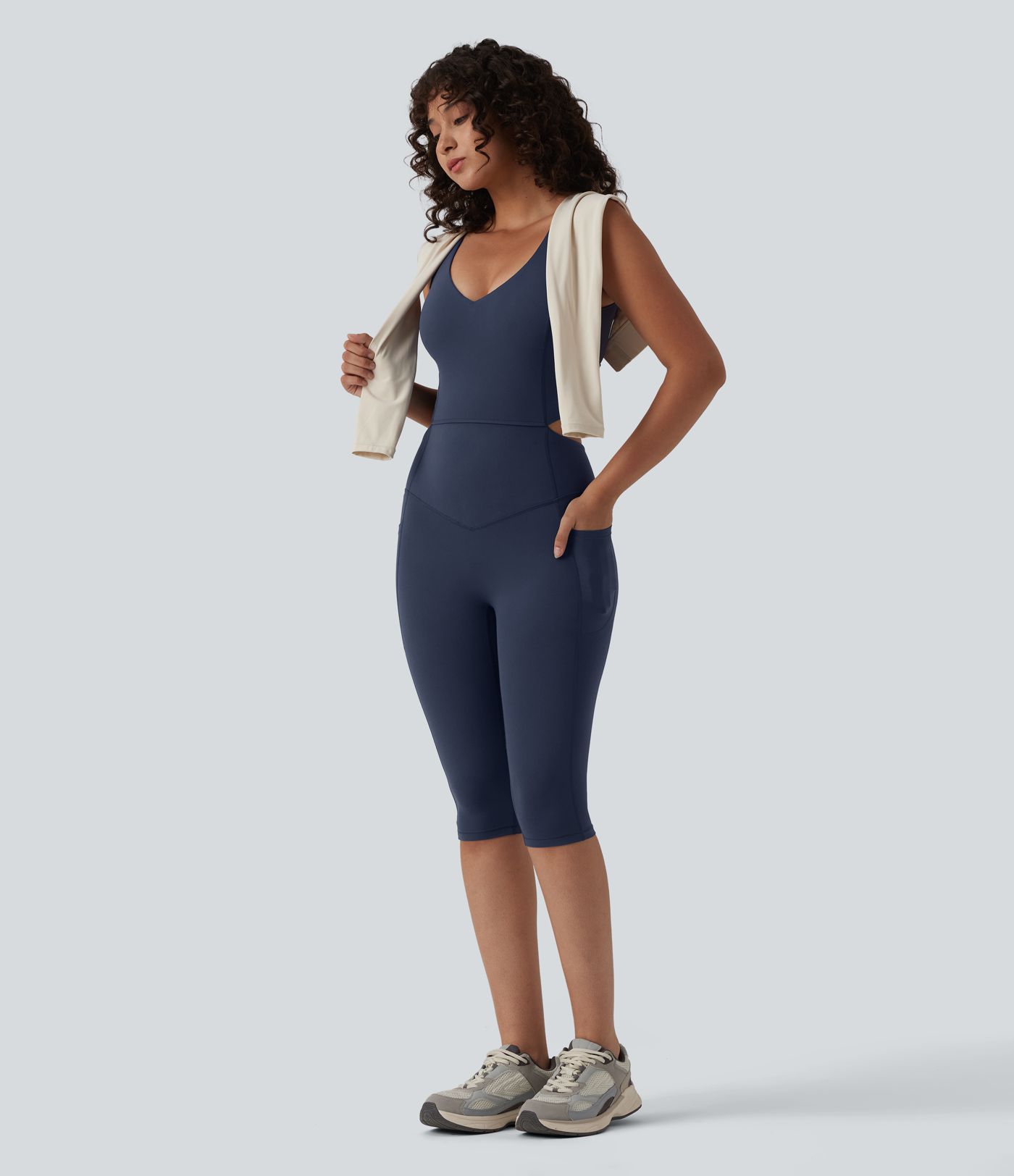 Halara UltraSculpt™ V Neck Tummy Control Butt Lifting Workout Jumpsuit with Pockets-Easy Peezy Edition