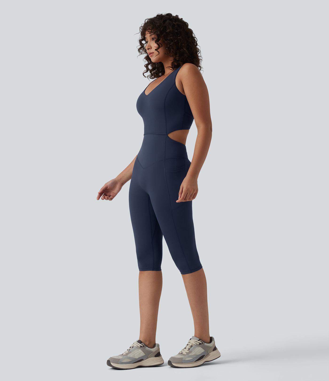 Halara UltraSculpt™ V Neck Tummy Control Butt Lifting Workout Jumpsuit with Pockets-Easy Peezy Edition