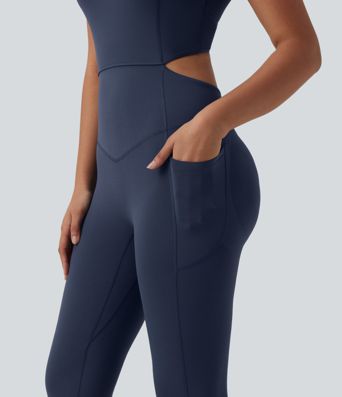 Halara UltraSculpt™ V Neck Tummy Control Butt Lifting Workout Jumpsuit with Pockets-Easy Peezy Edition