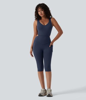 Halara UltraSculpt™ V Neck Tummy Control Butt Lifting Workout Jumpsuit with Pockets-Easy Peezy Edition