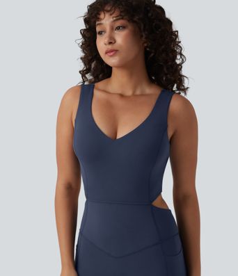 Halara UltraSculpt™ V Neck Tummy Control Butt Lifting Workout Jumpsuit with Pockets-Easy Peezy Edition