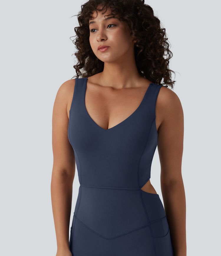 Halara UltraSculpt™ V Neck Tummy Control Butt Lifting Workout Jumpsuit with Pockets-Easy Peezy Edition