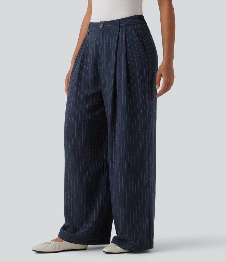 High Waisted Stripes Work Baggy Pants with Pockets