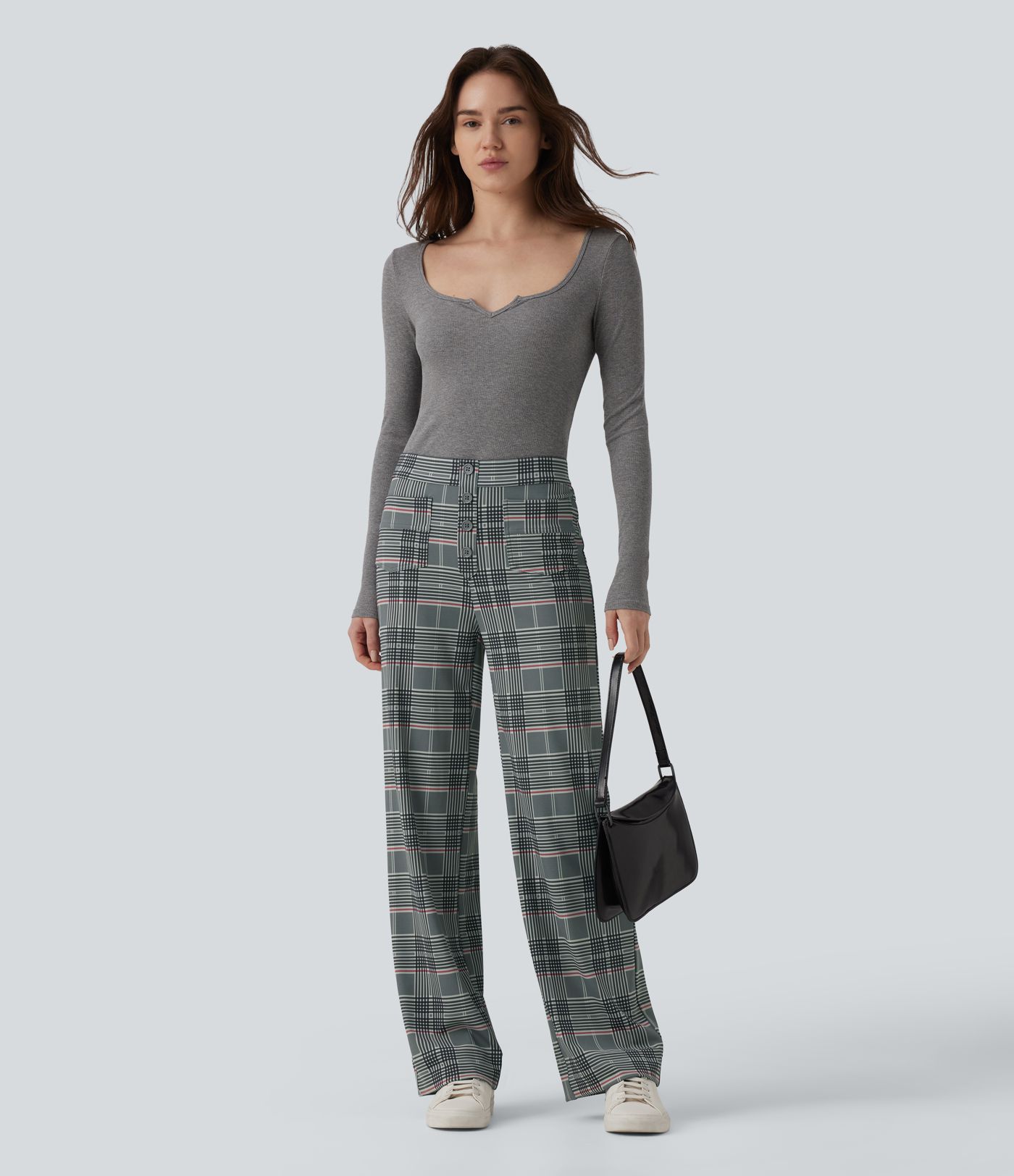 Halara Flex™ pantaloni da lavoro a vita alta, gamba dritta, a quadri, con tasche