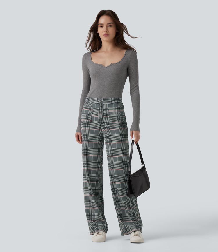 Halara Flex™ pantaloni da lavoro a vita alta, gamba dritta, a quadri, con tasche