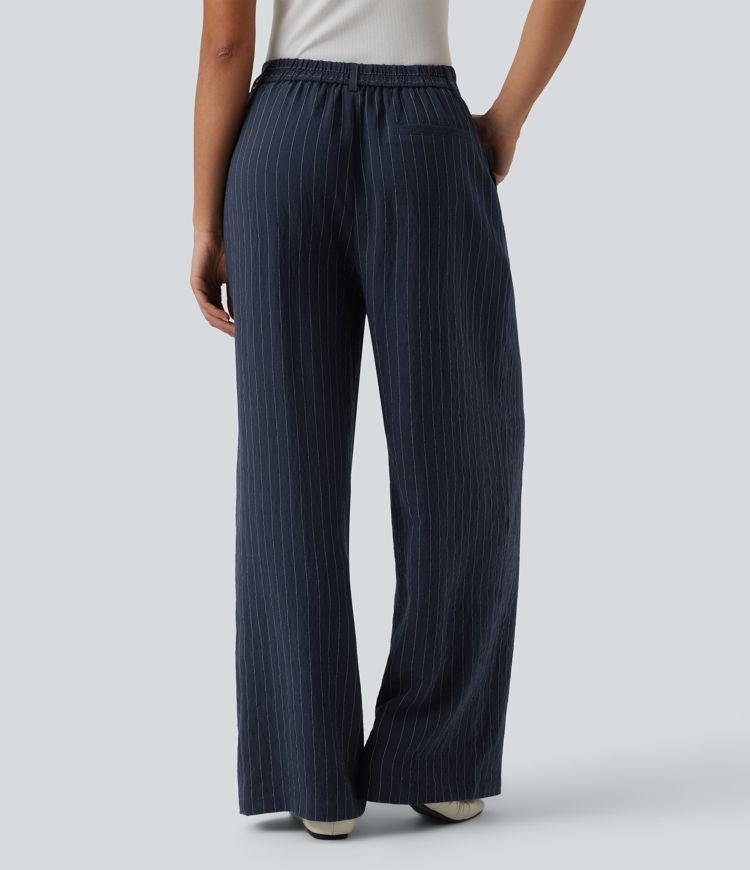 High Waisted Stripes Work Baggy Pants with Pockets