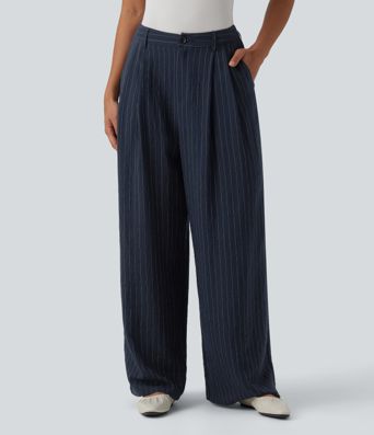 High Waisted Stripes Work Baggy Pants with Pockets