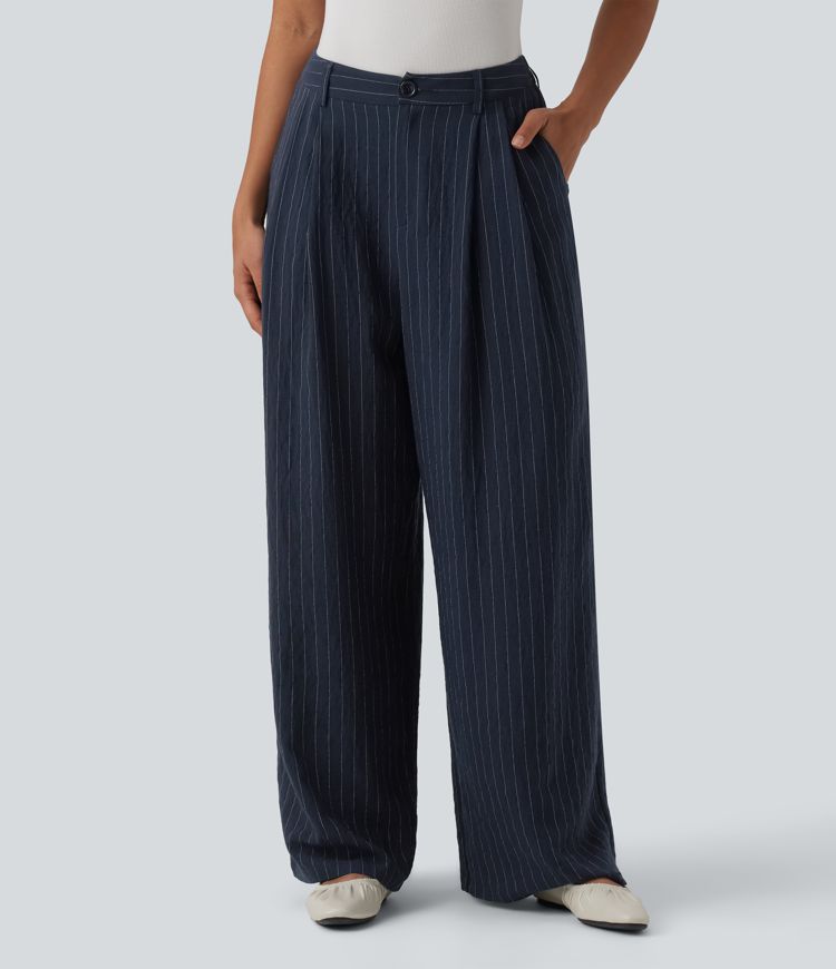 High Waisted Stripes Work Baggy Pants with Pockets