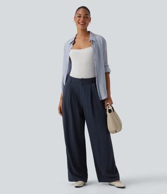 High Waisted Stripes Work Baggy Pants with Pockets