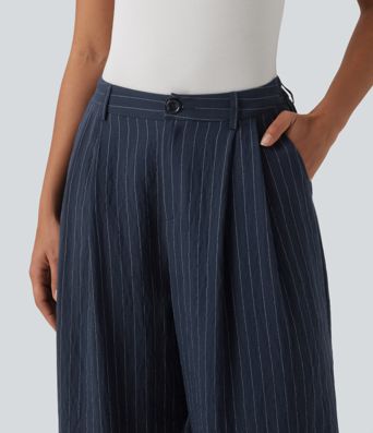 High Waisted Stripes Work Baggy Pants with Pockets