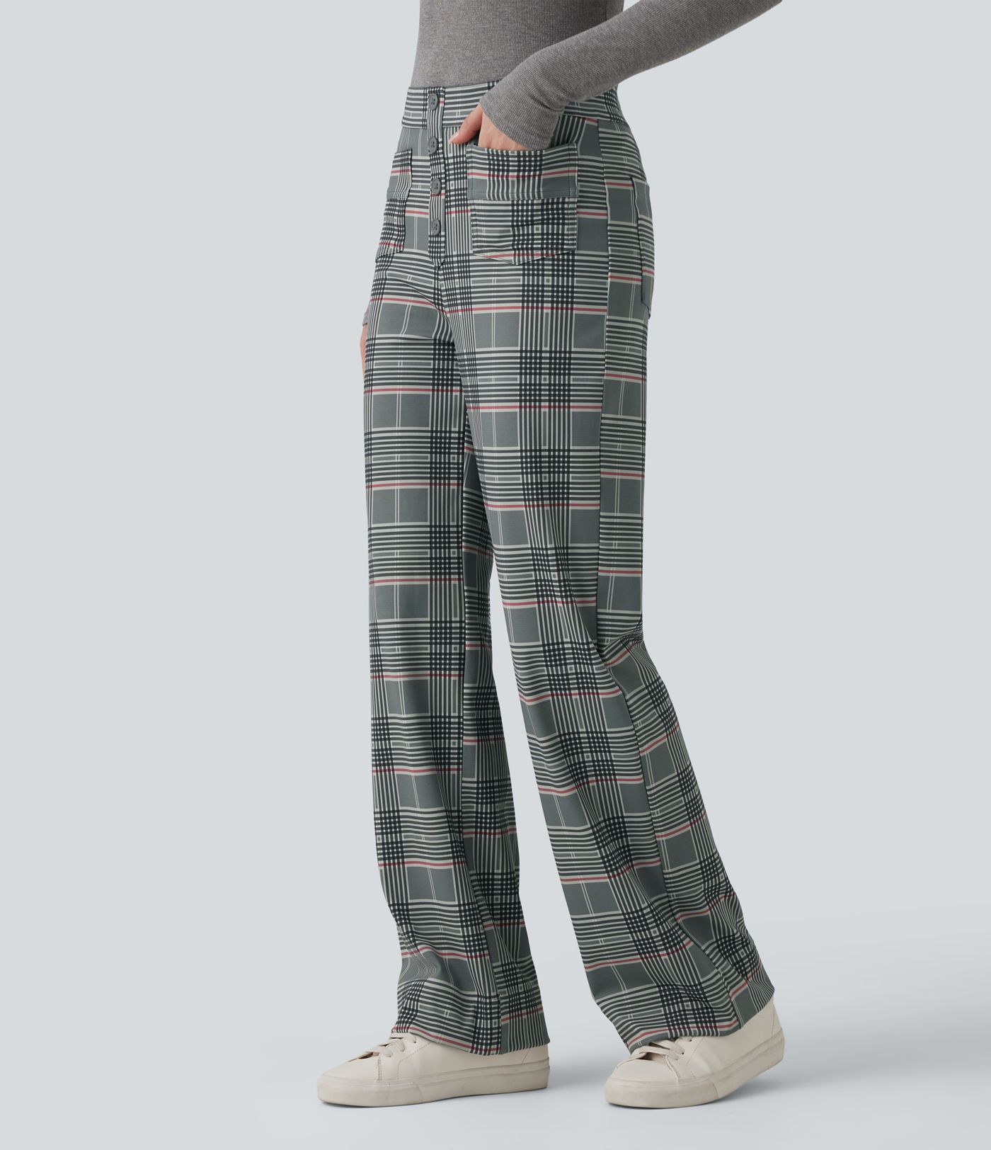 Halara Flex™ pantaloni da lavoro a vita alta, gamba dritta, a quadri, con tasche