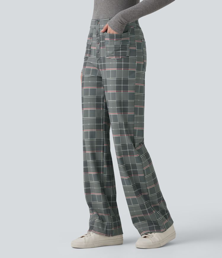 Halara Flex™ pantaloni da lavoro a vita alta, gamba dritta, a quadri, con tasche