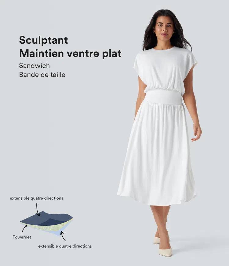 Robe de travail mi-longue fluide gainante à manches chauve-souris avec poches