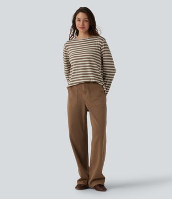 Lässiges T-Shirt mit U-Boot-Ausschnitt, langen Ärmeln, Streifen und abgerundetem Saum