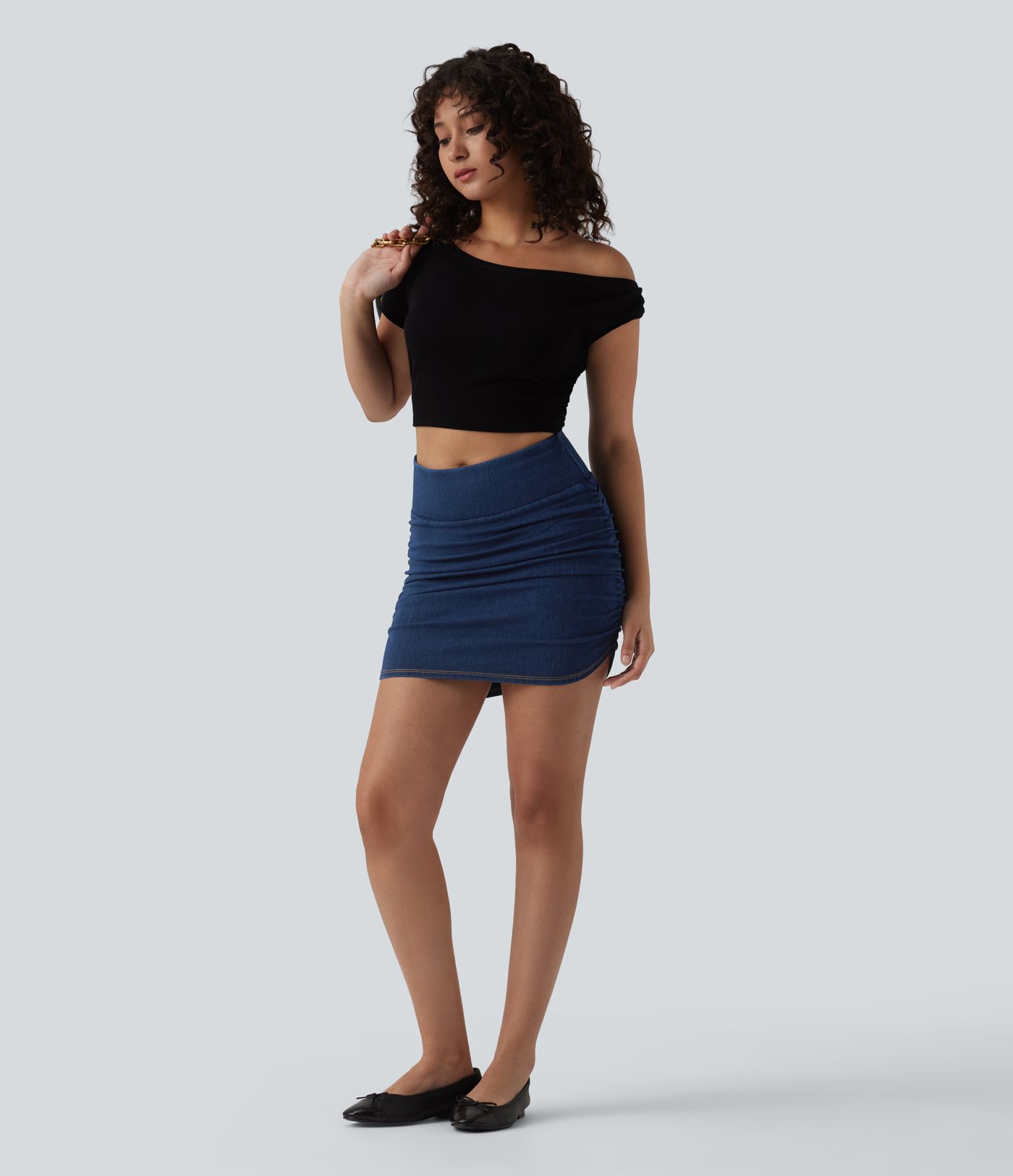 Halara Flex™ Mid Rise Tummy Control Ruched Bodycon Denim Mini Casual Skirt
